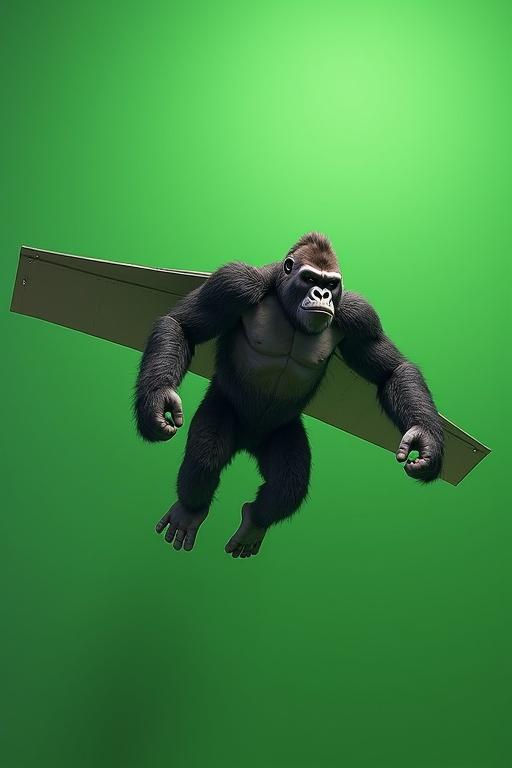 3D animation of a gorilla resembling King Kong flying with wings on a green screen background.