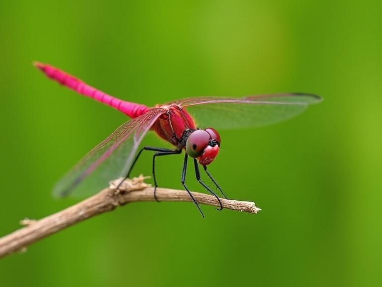 Photograph of a dragonfly on a twig. Dragonfly is reddish-pink with translucent wings. Background is smooth green blur. Natural lighting emphasizes colors. Shallow depth of field keeps dragonfly in focus.