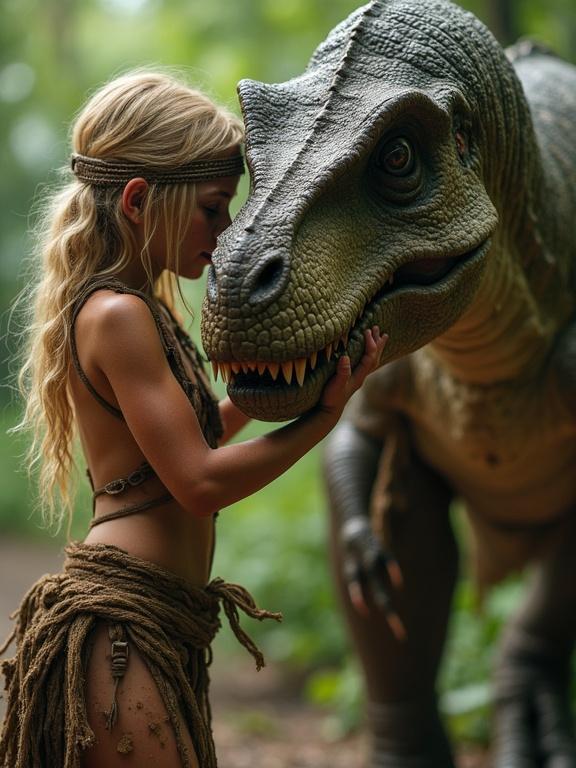 A blonde tribal girl interacts with a big friendly tyrannosaurus in a lush jungle. The girl shows a joyful expression while covered in dirt and sweat. The dinosaur's slimy skin shines in the light. The scene captures their bond with a focus on the girl's emotions.