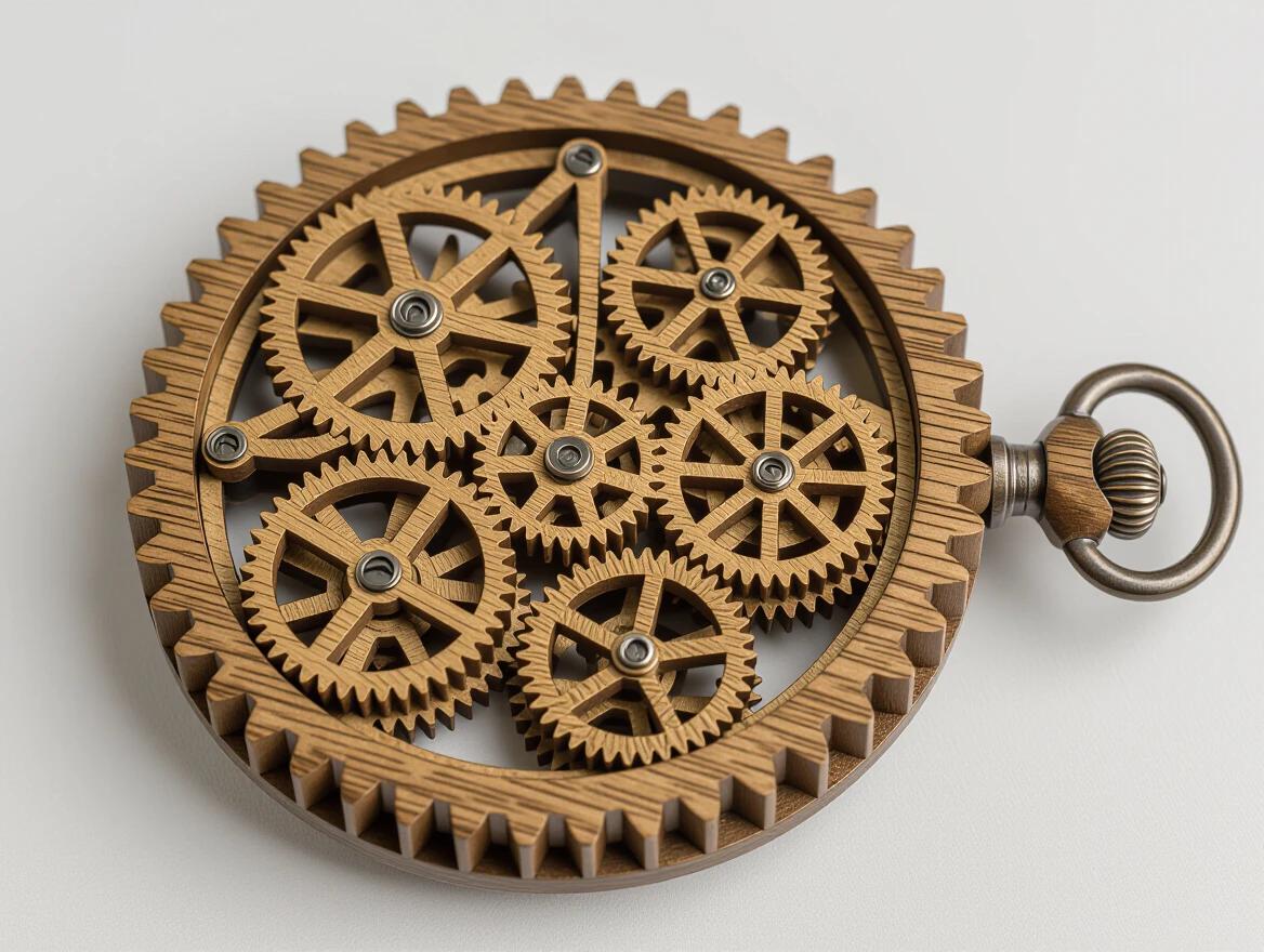 Aged wooden gears and cogs linked together to form a pocket watch of wood. The watch is intricately designed showcasing craftsmanship. The materials are brown and beige with a detailed composition.