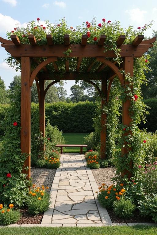 Design layout of a flower pergola. Showcase a wooden structure with climbing flowers. Include a stone pathway leading through a garden of colorful flowers. Add green foliage around the pergola.