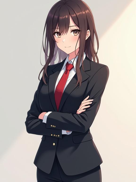 Anime character in business suit showing confidence. Character has long brown hair and a red tie. Standing with arms crossed. Clean and polished look. Semi-realistic proportions and soft lighting.