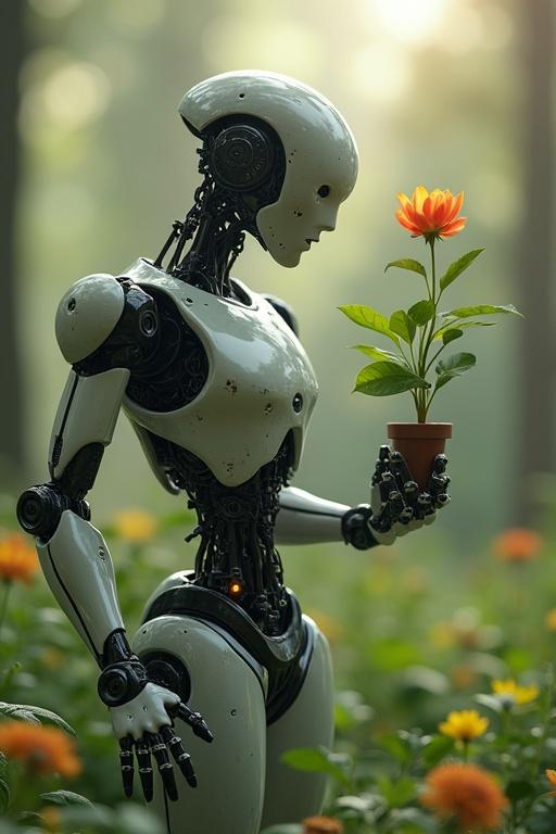 A robot holding a potted plant in a garden. The robot has a humanoid shape with detailed mechanical features. The flower is orange, contrasting with the metallic body. Soft light filters through the trees.