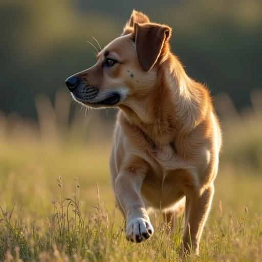 A larger dog in motion. Dog showcases strength and agility while running through a grassy field in natural light.