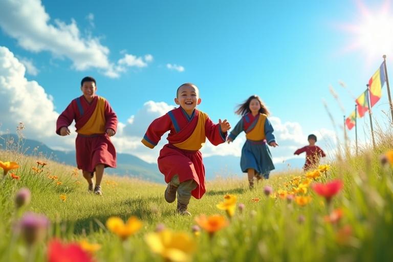 A cinematic scene of young children running happily in a meadow. Colorful traditional robes worn by family members. Wildflowers decorate the landscape. Bright blue sky with fluffy clouds. Joyful expressions under radiant sunlight. Vibrant colors and hyper-realistic textures.