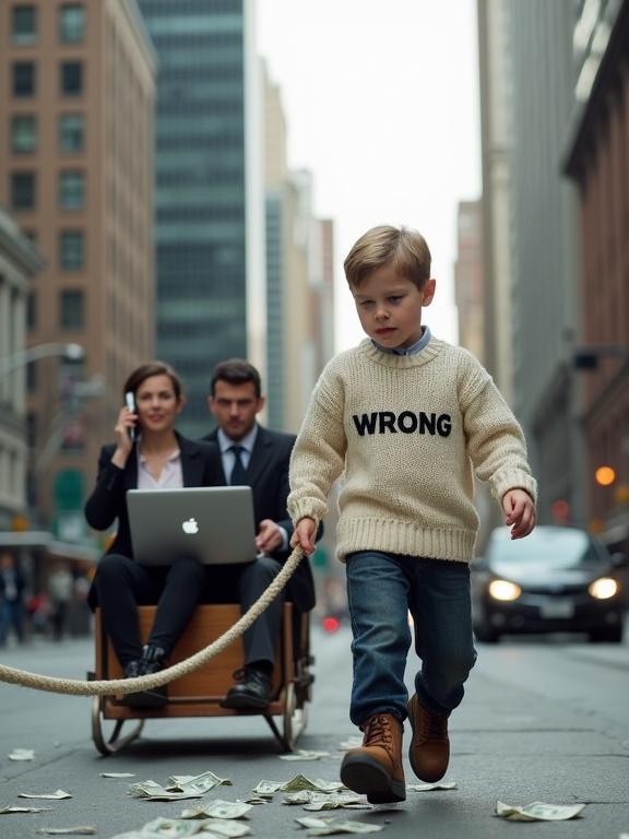 Realistic city street scene on a clear day. Seven-year-old boy walks forward pulling a wooden sled with a thick rope. He wears a hand-knitted sweater with 'WRONG' stitched across the chest, dark jeans, and worn boots. His expression shows strain and determination. Two adults are seated on the sled, dressed in professional clothing, focused on laptops and talking on smartphones. Urban background features tall buildings with windows, scattered crumpled hundred-dollar bills on the pavement. Lighting is soft and natural, with realistic shadows and textures.