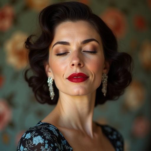 Portrait of a woman in a vintage floral dress with a 1950's hairstyle and red lips. Woman has closed eyes and a slight smile. Long diamond earrings enhance her look. Floral wallpaper adds background texture.