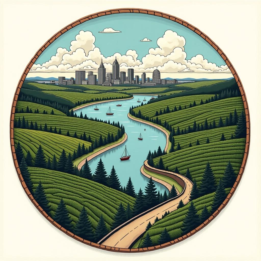 Overcrowded depiction of a fictional US state seal. Features tobacco fields, a city skyline, a lake with boats, and a winding road.