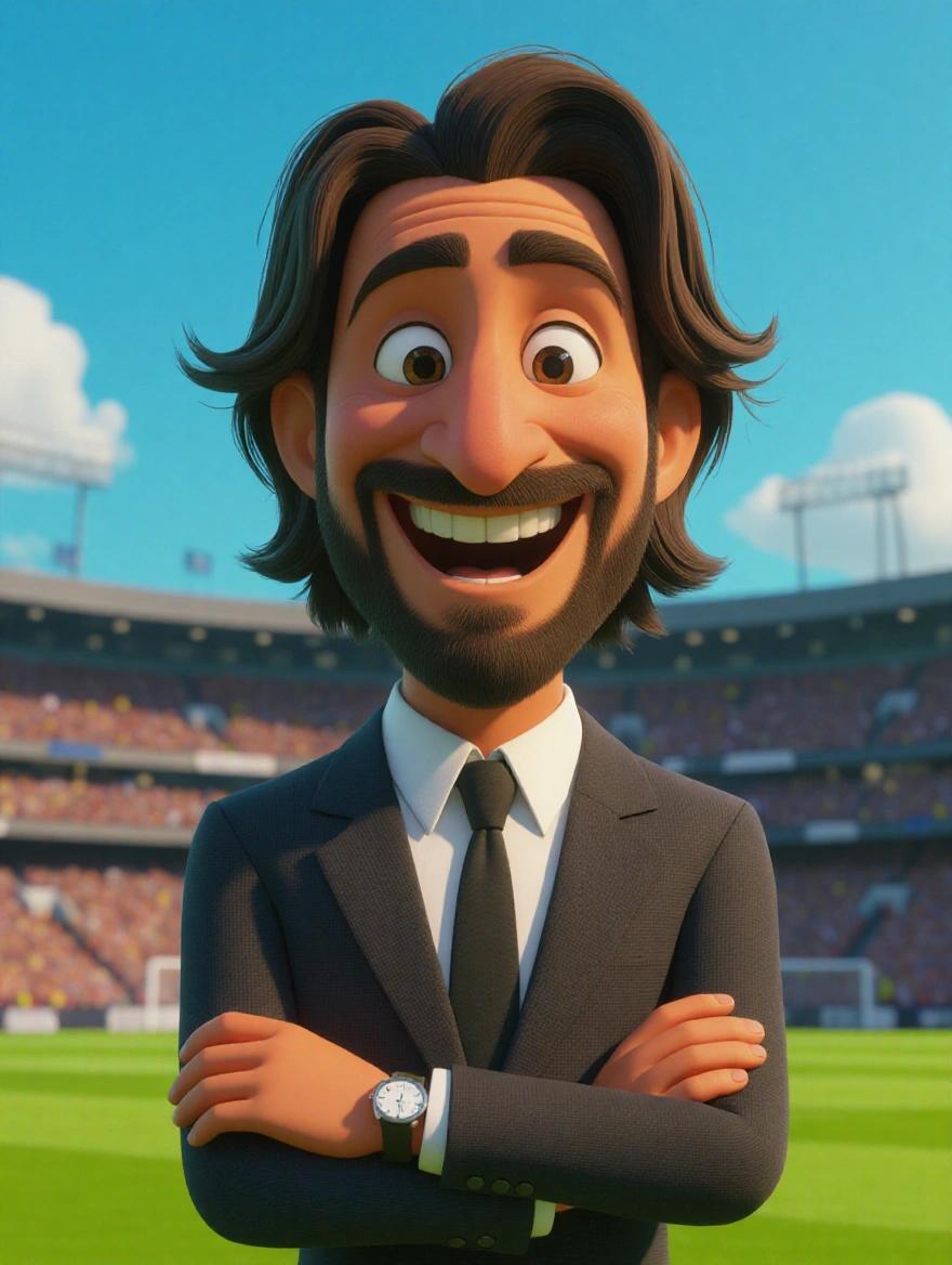 3D animated character resembling a football manager with long hair and a beard. The character wears a black suit and has a big smile. Background shows a stadium. Theme of comedy and sports.