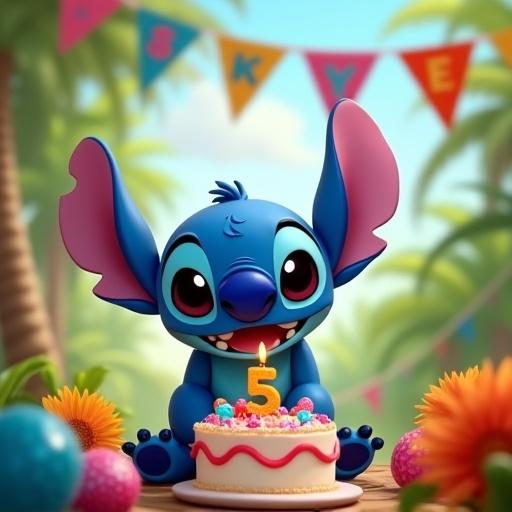 Stitch character in a tropical park with a colorful birthday cake. Cake topped with a number 5 candle. Surrounded by tropical flowers. Colorful flag banner in background with name Skye. Fun and festive atmosphere.