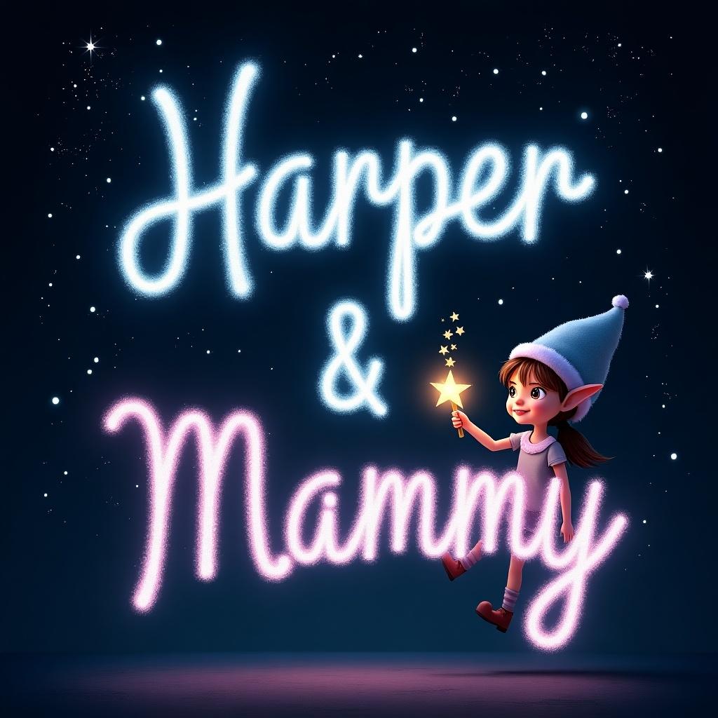 A girl elf is using a magical wand to write names in sparkling text against a starry night sky. The names 'Harper' and ‘Mammy’ glow elegantly, crafted with a glowing effect. The dark background highlights the white and light pink letters vividly. This enchanting scene conveys magic and wonder, reminiscent of a whimsical fairy tale. It captures the imagination and invites viewers into a fantasy world.