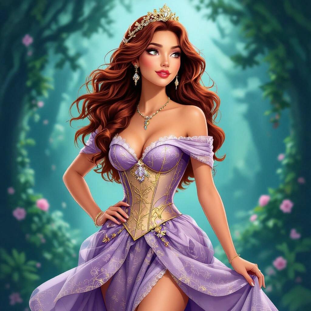 A sensual princess-inspired woman with long, flowing golden hair. She stands elegantly with a confident and dreamy expression, wearing a violet and gold corset. The skirt is short and flowing with transparency, revealing her legs. She holds a glowing magical lantern that illuminates her face. The background features stone and floral elements, with lit lanterns surrounding her. Magical and sensual style with detailed features appropriate for resin printing.