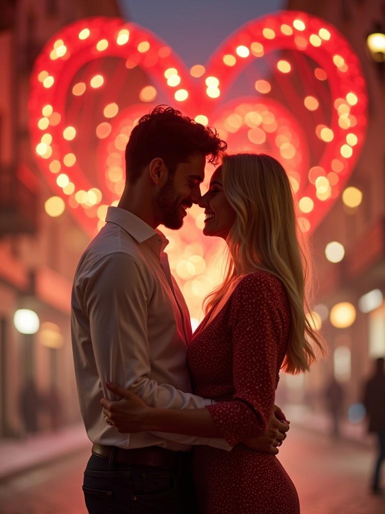 A blonde young couple in their 20s stands together embracing each other. Happy and romantic atmosphere surrounds them. They are in front of a heart-shaped light display. The lighting is soft and contrasts against a dark background. The couple's pose is close and affectionate, perfect for Valentine's Day.