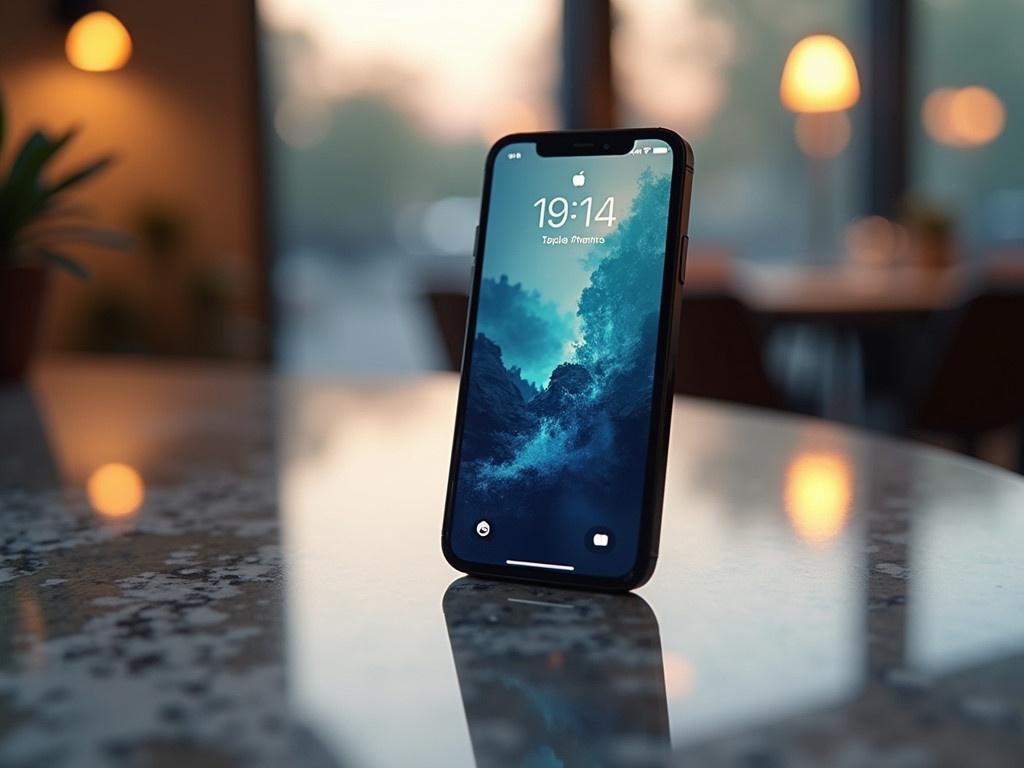 Generate a picture of an iPhone placed on a table. The iPhone screen should display the image shown as its wallpaper. The setting is well-lit, highlighting the details of the phone and the table. The background should be softly blurred, enhancing the focus on the iPhone. Light reflections on the screen can give it a realistic touch.