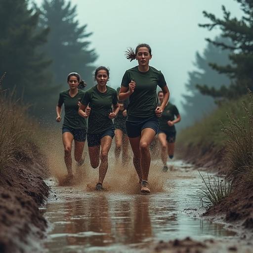 Women running in a muddy path during a storm. Faces show urgency. Storm clouds and thunder create a tense atmosphere. Teamwork in a challenging environment is highlighted.