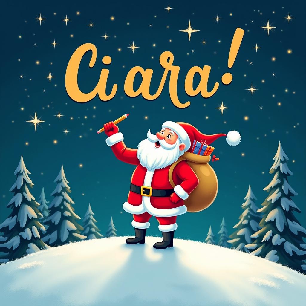 Santa Claus stands on a snowy hill. He holds a pencil and looks up at the sky. He writes children's names in the stars. He wears a red and white suit with a sack of gifts. The night sky is bright and filled with twinkling stars. The word 'Ciara!' appears in a playful font.