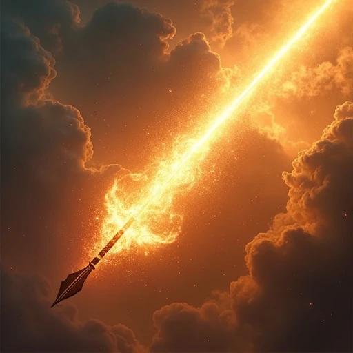 A celestial weapon called Brahmastra flies through a stormy sky. The arrow travels at high speed, glowing with golden light. Clouds swirl and cosmic fire surrounds the arrow. Lightning splits the sky as the weapon rushes towards a target. The battlefield of Kurukshetra shakes beneath it.