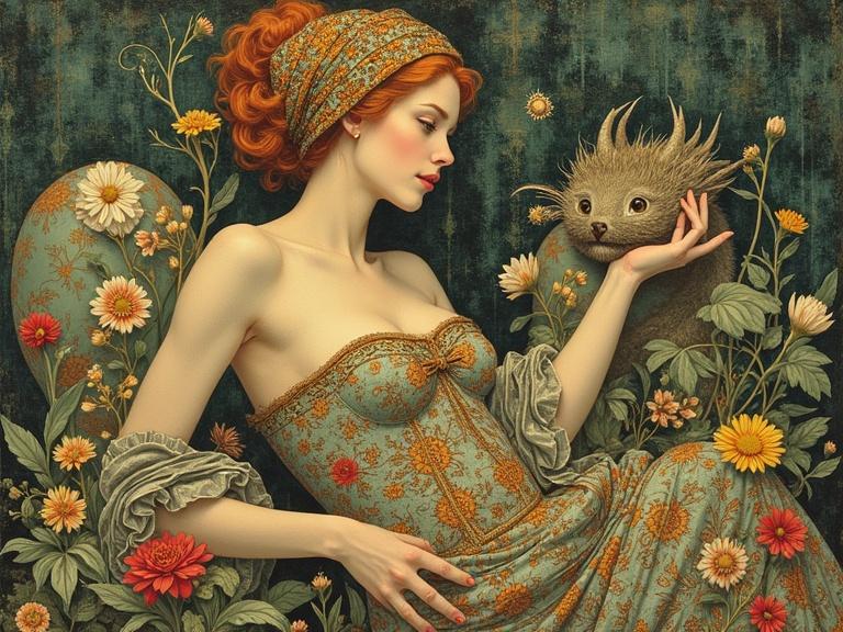 A highly detailed painting inspired by Alphonse Mucha. Features a woman in a floral dress interacting with a mythical creature. The artwork has pops of chartreuse and rich florid designs. Background elements complement the mythological theme. Depicts a metaphysical setting with extra details and chaos.