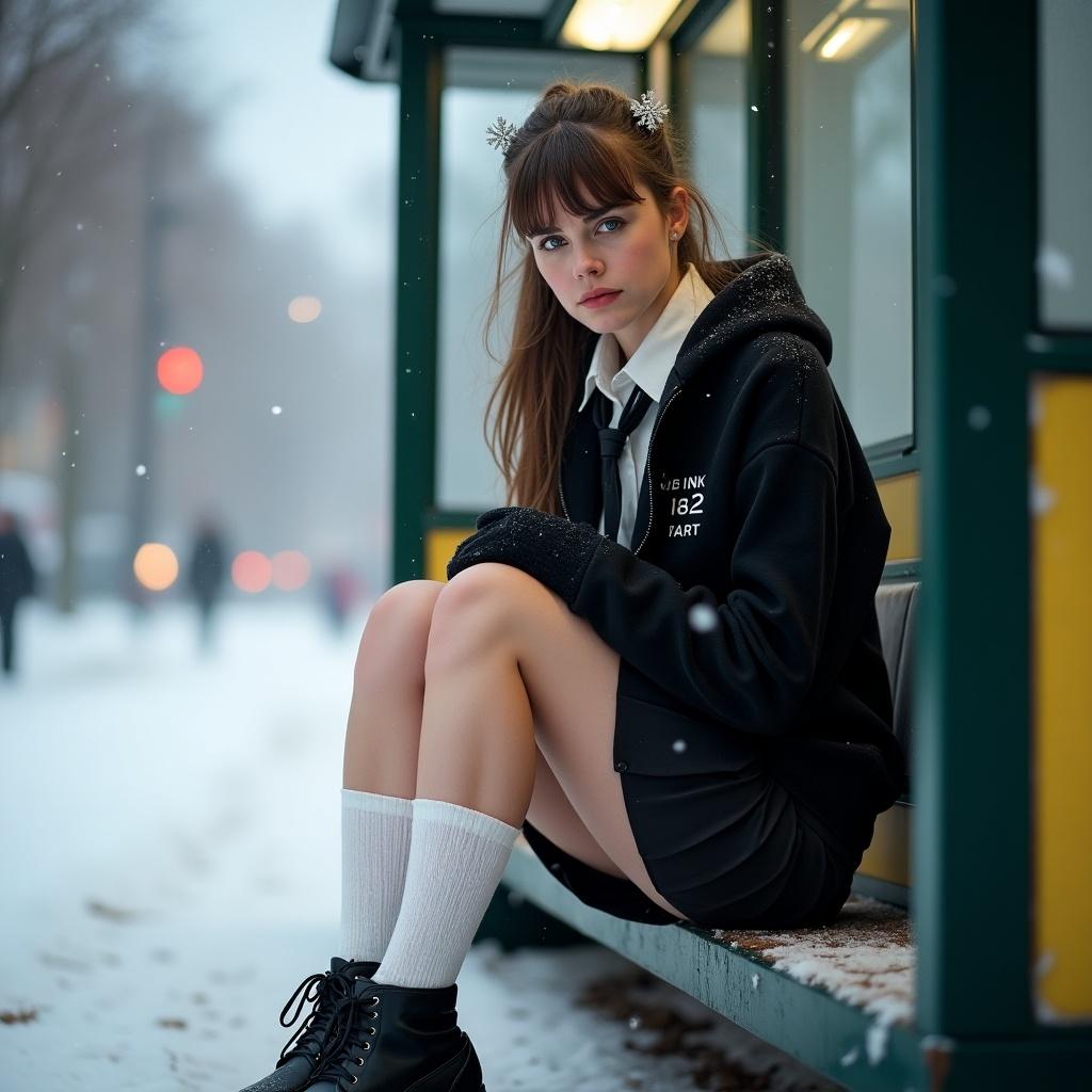 Full body shot of a young woman in a snowy bus shelter. She has ear-length straight brunette hair with snowflake clips. She wears a short black skirt, knee-length socks, and lace-up boots. A black hoodie is layered with a sweatshirt and shirt, complete with a tie. Snow falls around her as she looks sorrowfully at the camera, highlighting her pale legs and chilly surroundings.