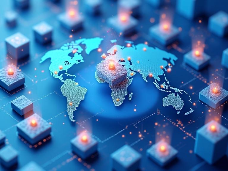 An isometric scene depicts a world map with blocks connecting securely across it. Digital assets and smart contracts float in between the connections.