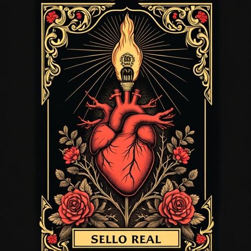Luxury tarot card design for an album cover. Black and gold baroque border surrounds an anatomical heart wrapped in thorns and roses. Divine hand descends from above holding glowing hot branding iron shaped as 'LRB'. Card titled 'Sello Real' at the bottom. Neoclassical illustration style. Mystical and luxurious aesthetics with exquisite detail. Aspect ratio 1:1.