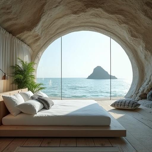 A modern bedroom in a cave. Features a glass curtain wall with a view of the sea and a volcano. The bed is white and floating. Linen curtains flutter in the breeze. Modular sofas and geometric pillows are present. Ferns grow on the floor. Morning light creates a light display on the ceiling. Cave texture contrasts with modern controls.