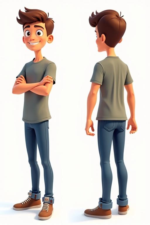 Male cartoon character in T-pose. Show character from front side and back. Display arms crossed to show confidence. Use simple and clean lines.