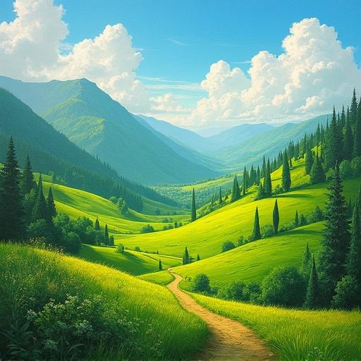 Impasto oil painting of a beautiful green valley with rays of sunshine and a winding path