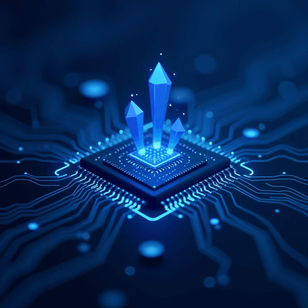 A glowing blue circuit board with crystalline structures rising from a microchip.