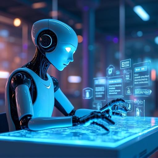 Futuristic digital scene with a humanoid AI robot with glowing blue eyes. Robot interacts with multiple holographic chat windows. Transparent desk setup in a high-tech environment with neural networks and ambient lighting. Represents advanced AI and global communication.