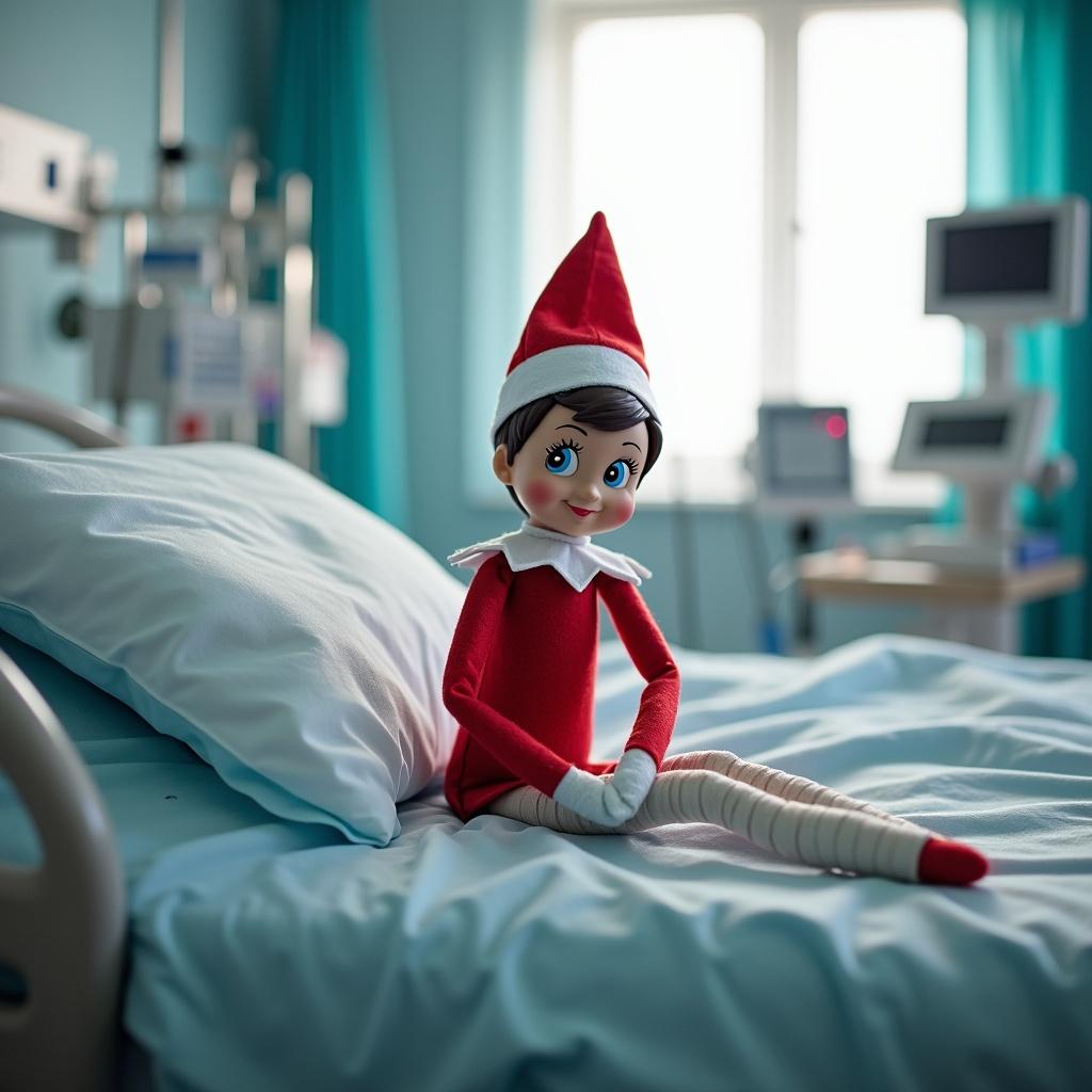 Elf on the shelf doll sitting in a hospital bed. Background shows medical equipment. Bandages wrapped around her arms and legs indicating care. Soft light coming through the window. Calm atmosphere reflecting pediatric ward.