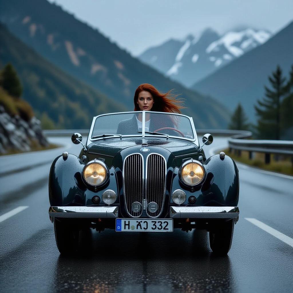 Ultra realistic photograph of a 1937 BMW 328 sports car on a winding mountain road. The car is shown from a frontal low-angle view. A woman with long dark red hair drives the car, her hair flows backward due to the wind. The scene features rain droplets on the windshield and chrome details shining with water beads. Headlights illuminate the mist. Wet asphalt reflects the surroundings. The background showcases the misty peaks of the Carpathians. The photo is captured in high detail with a cinematic feel.