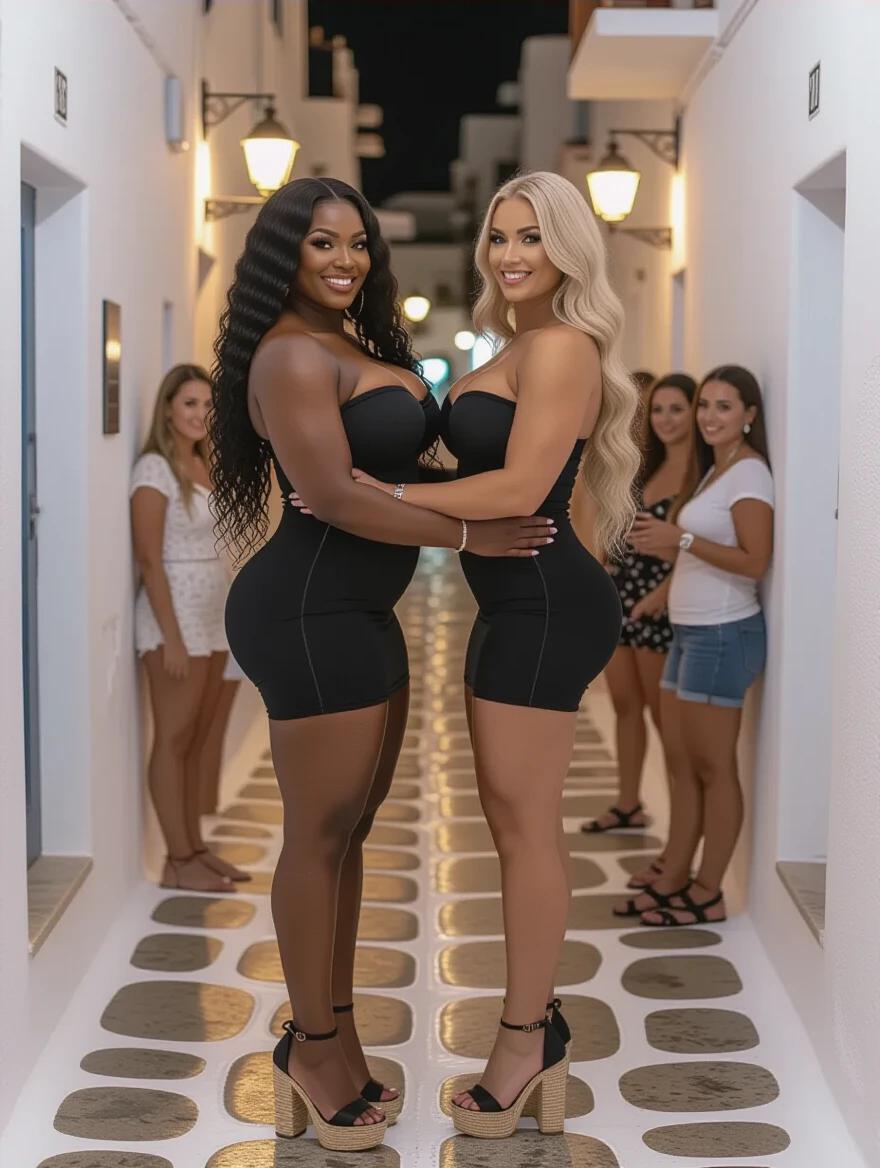 Two bodybuilder women embrace each other in Mykonos alley. One has long black curly hair; other has long blonde wavy hair. Both wear strapless tight black dresses and high heels. Nighttime setting with softly lit surroundings.