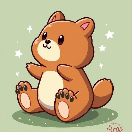 Cute cartoon bear character sitting happily. Round face with big eyes and small ears. Soft fur in brown shade with a pale cream belly. Small paws with detailed pads. Background has soft stars for ambience.