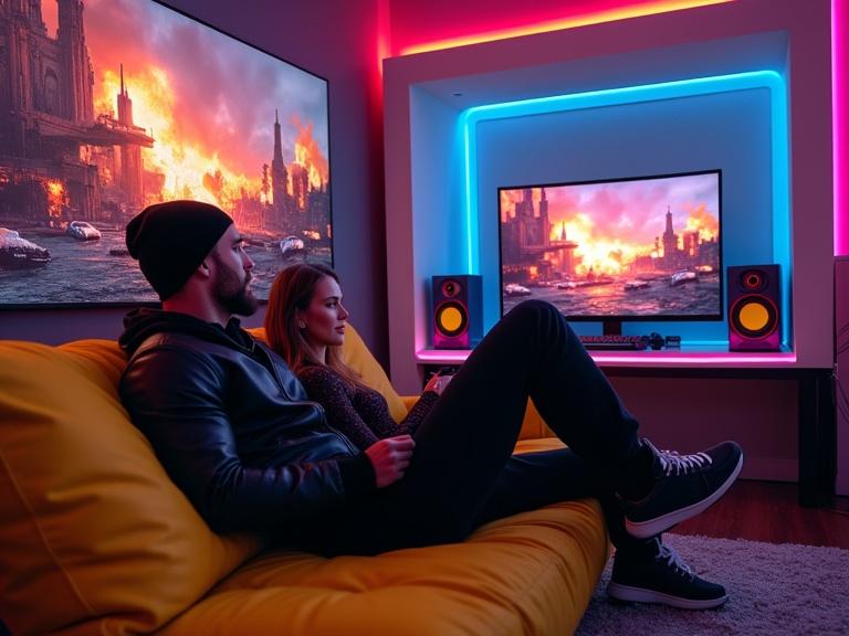An attractive muscular man and a beautiful brunette woman both wearing black beanie hats and leather jackets are sitting on a neon yellow couch in a futuristic gaming room. They are playing video games on a PlayStation 5. The room has vibrant neon lighting with a view of a burning cityscape in the background. High-tech gadgets and boombox speakers decorate the space.