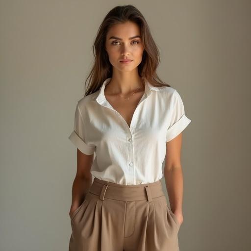 8K full-body portrait of a beautiful young woman. Standing gracefully in a slight contrapposto pose. One leg gently forward. Arms relaxed by her sides. Elegant symmetrical face with refined features. Flawless porcelain-like skin. Warm almond-shaped eyes with long lashes. Natural and graceful smile. Light brown hair neatly tied back. Wearing a form-fitting linen blouse and high-waisted trousers in earthy tones. Outfit subtly accentuates her refined curves. Soft natural lighting. Clean background. Realistic texture. Highly detailed.