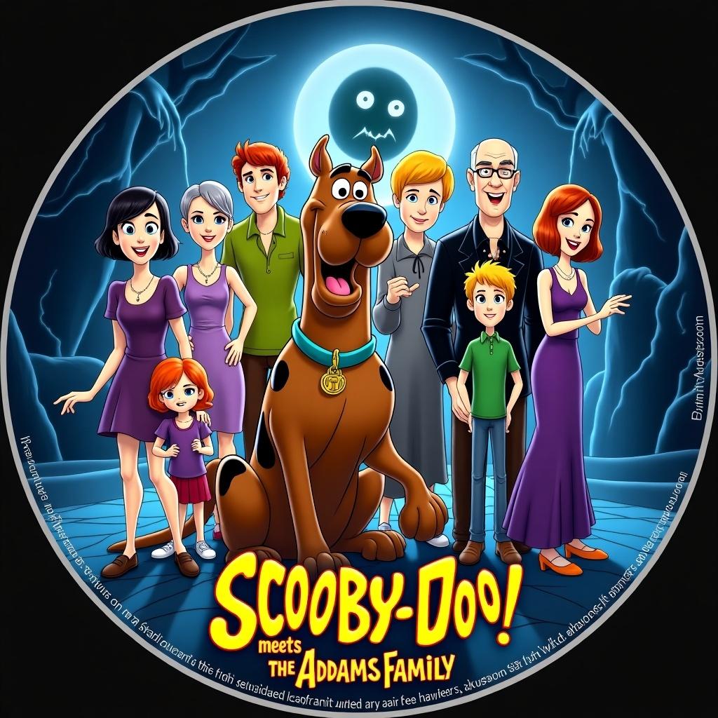 Create a Blu-ray disc label for 'Scooby-Doo Meets The Addams Family'. The label features a colorful illustration with Scooby-Doo, Shaggy, Velma, Daphne, Fred, and characters from The Addams Family. They are standing in a spooky setting, with a ghost in the background. There should be playful expressions and cartoonish details. The title is prominently displayed at the bottom. The overall design should captivate fans of both franchises and be suitable for family viewing.