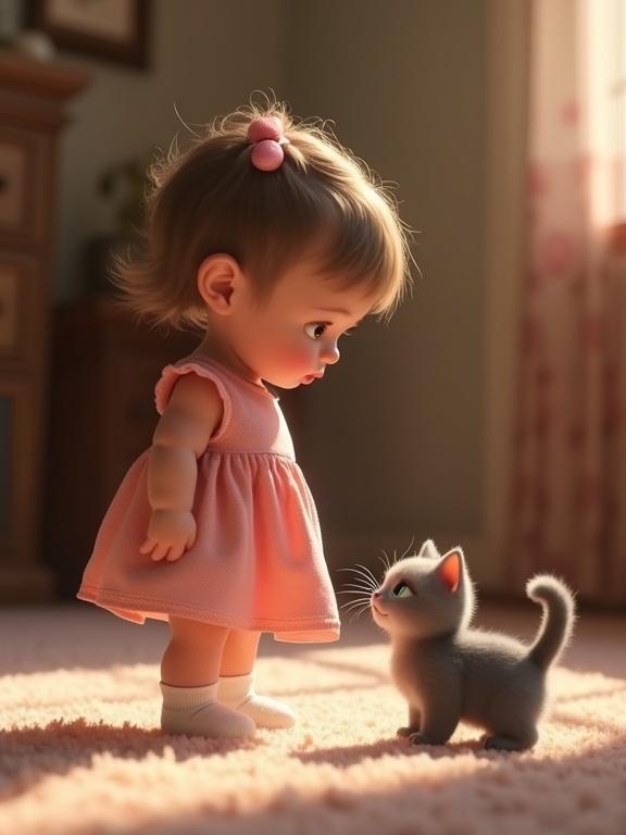 A small gray kitten stands in front of a baby girl wearing a pink dress. The kitten has green eyes and an arched back. The baby appears calm and unaware. The scene has a warm and emotional atmosphere. The style resembles Pixar 3D art.