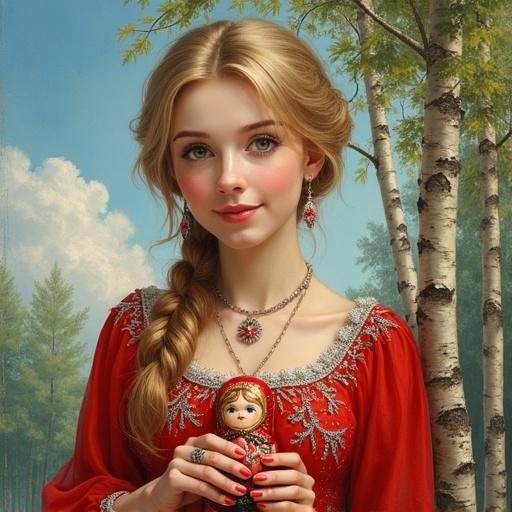 Detailed painting of a cute Russian woman with blonde braid and brown eyes. She has a slight smile and is looking at the viewer. Radiant face visible. Wearing a red dress from the 19th century with silver flower embroidery. She has a subtle kokoshnik and is adorned with a luxurious necklace, rings, and earrings. Gracefully holding a matryoshka doll. The sharp background features green birch trees, blue sky, and white clouds.