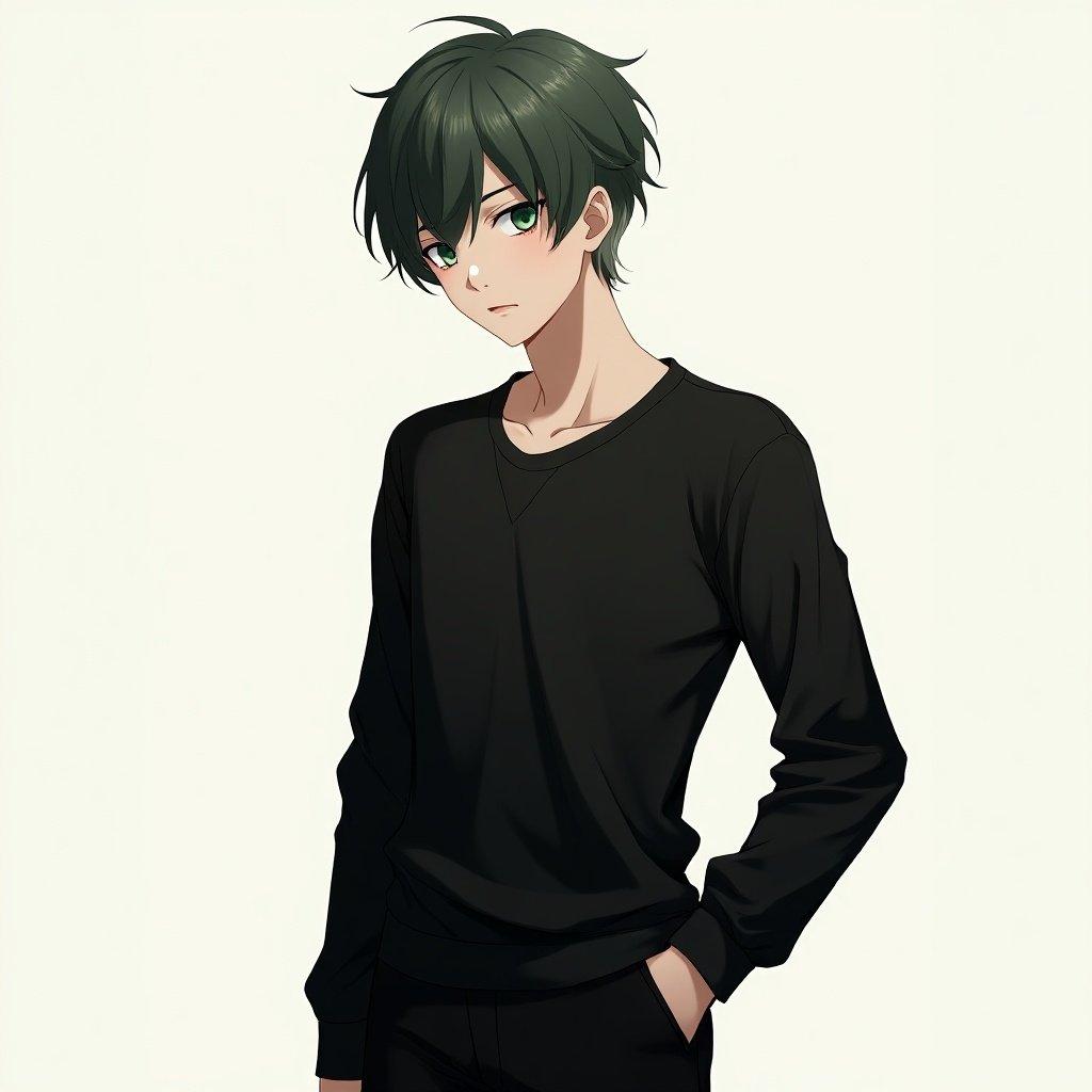 Anime boy with small green eyes. Boy has fade haircut. Height is 190cm. Age is 18. Wearing black shirt with full arms and black pants.