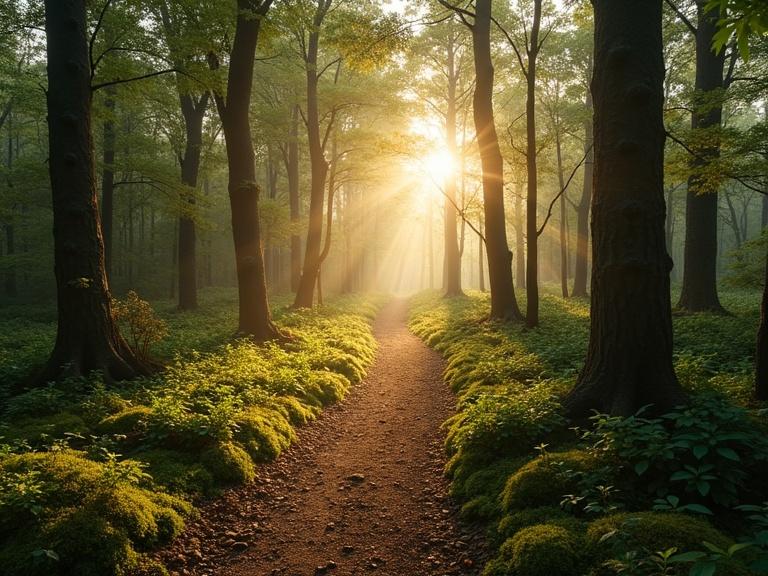 Aerial view of a mystical forest during autumn. A path travels across the image from left to right. Various elements include mushrooms and purple hyacinths. Green moss covers tree roots with golden leaves scattered throughout. Soft morning light illuminates the scene with a hazy ambiance. The style is photorealistic with high detail in 8K resolution and a cinematic quality.