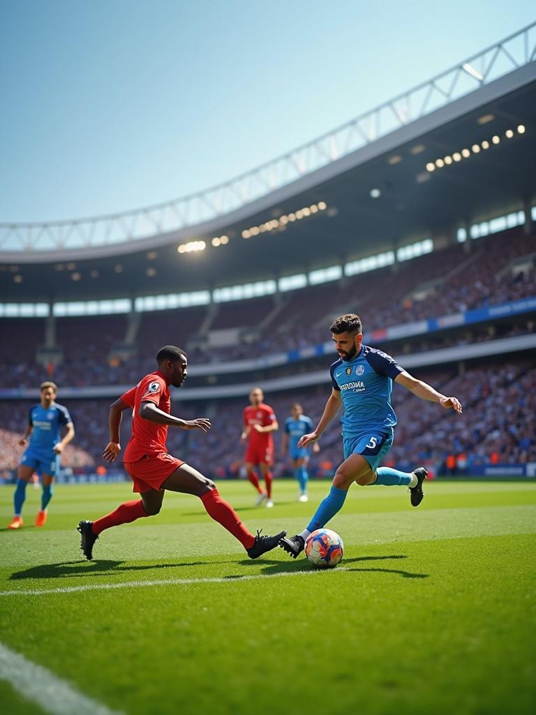 Two teams compete in a football match in a stadium. Players are in action. Bright daylight highlights players and the field.