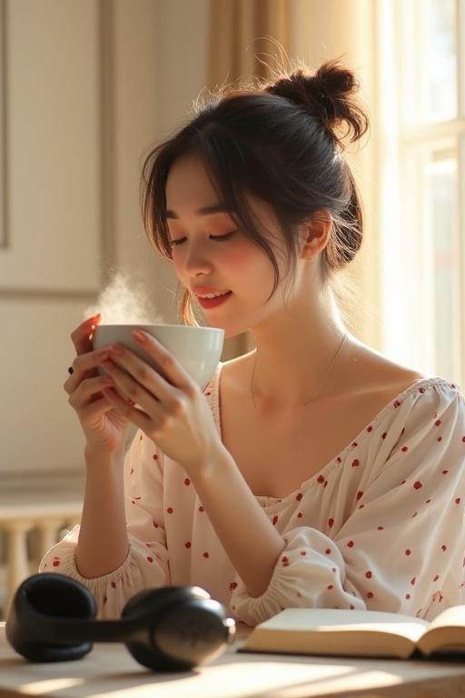 Young woman sitting at a cozy table near a window. She holds a steaming coffee cup with both hands. She wears a white top with red dots and has messy hair in a bun. Soft light pours in, creating a warm atmosphere. Headphones lie on the table next to a book.