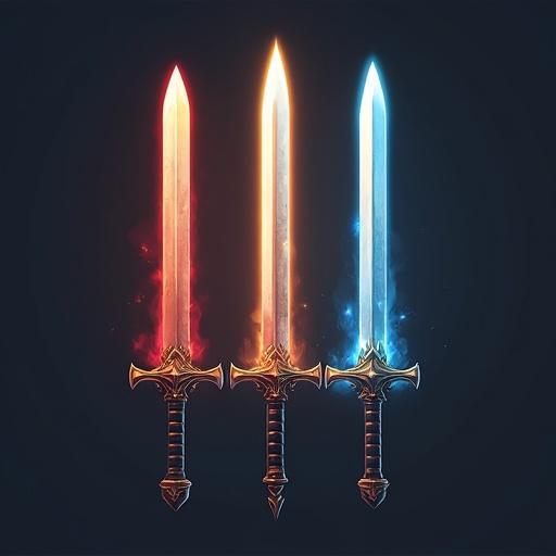 Three swords depicted with glowing effects. One sword glows red, one orange, and one blue. The image has a transparent background. Swords are arranged side by side showing their distinct colors and details.
