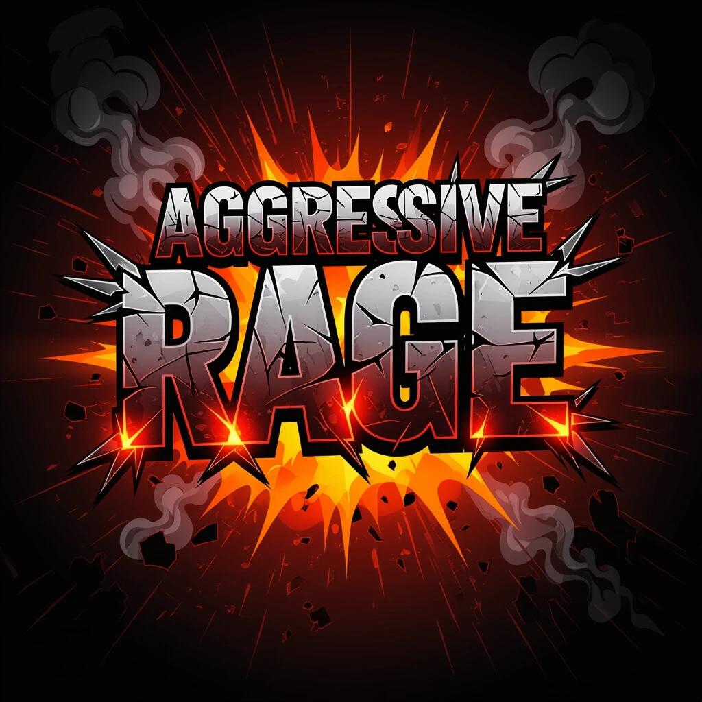 Aggressive rage text design with shattered letters. Glowing red and orange embers. Smoke and steam rise. Chaotic energy bursts outward. Heavy metal and urban influence evident. Bold typography with sharp spikes. Vivid expression of anger and power.