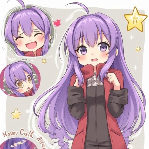 Anime character with long purple hair. Playful expression showing joy. Dressed in casual clothes with a red jacket. Character features cute and expressive face.