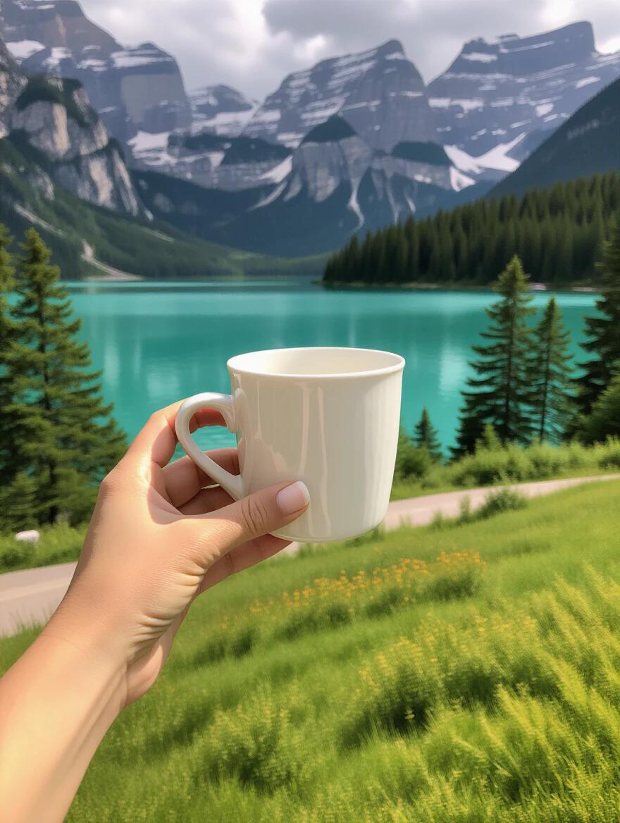 A hand holding a white coffee cup by its handle. Mountain landscape and turquoise lake in the background. Green grass and trees frame the scene.