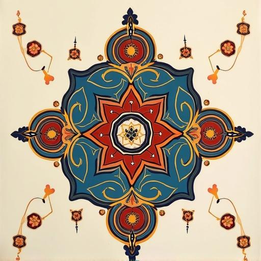 A paint design features the Tunisian Khamsa in the center. Surrounding are geometrical shapes like a star plate and interlocking circles. The background is light to highlight details. Colors are traditional Tunisian blue, red, and gold.