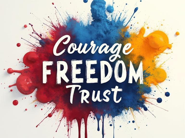 A designer's paint can spills powerful words like courage, freedom, trust. Colorful paint splashes surround the words creating a visual brand.