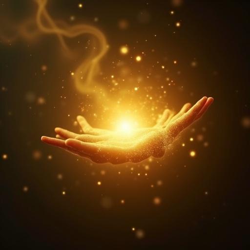 A hand gently holds a small magical source of yellow light. Light sparkles and glows creating a sense of magic and fantasy.